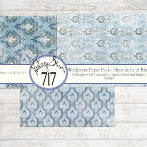 Pacote de papel de parede vintage - flor de lis em azul, DIGITAL, pacote de papel para impressão