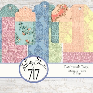 May include: Ten printable patchwork style gift tags in three shapes and three sizes. The tags feature a variety of pastel colors and intricate patterns.