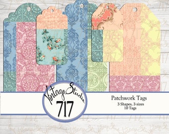 May include: Ten printable patchwork style gift tags in three shapes and three sizes. The tags feature a variety of pastel colours and intricate patterns.