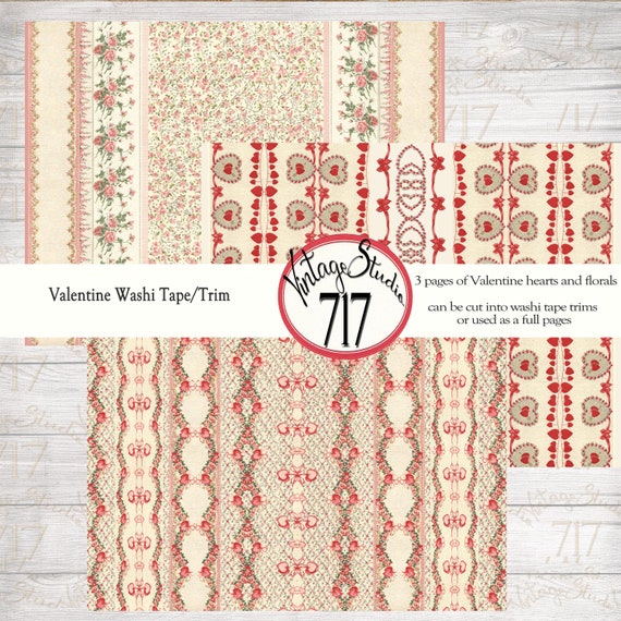 Valentine Washi Tape, Trim, Pinks and Red, 3 pages - DIGITAL
