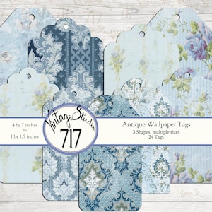 May include: A set of 24 antique wallpaper style gift tags in blue and white with floral and damask patterns. The tags are in three different shapes and sizes, ranging from 1 by 1.5 inches to 4 by 7 inches.