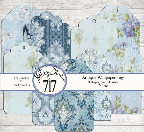 Antique Wallpaper Tags - florals and fleur de lis in shades of blue, 24 tags, multiple sizes DIGITAL, printable