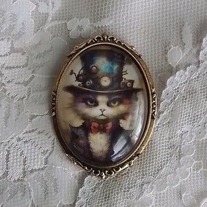 Victorian Steampunk Cat Brooch, Steampunk Gift, Cat Lover Gift, Feline Steampunk Cat Jewelry, Cat Lover Gift, Anthropomorphic Art, Timeless!