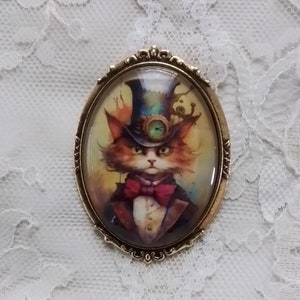 Victorian Steampunk Cat Brooch, Steampunk Gift, Cat Lover Gift, Feline Steampunk Cat Jewelry, Cat Lover Gift, Anthropomorphic Art, Timeless!