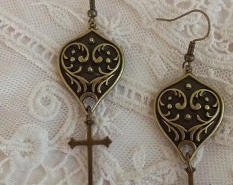 Victorian Gothic Cross Earrings: Antiqued Bronze Renaissance Accessory, Wonderful Gift, For Your Timeless Style!
