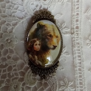 Victorian Lady & Bear Gift, Woodland Bear and Girl Jewelry, Bear Lover Gift, Bear Brooch, Gift Ready, Witch Bear Familiar, Gift, Timeless!