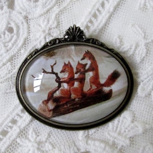 Sledding Foxes Brooch, Winter Holiday Jewelry, Inspired Gift, Snowy Victorian Art Image, Timeless, Elegant, Whimsical, Gift Giving Ready!