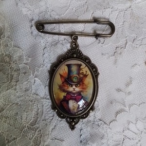 Victorian Steampunk Cat Brooch, Steampunk Gift, Cat Lover Gift, Feline Steampunk Cat Jewelry, Cat Kilt Pin, Anthropomorphic Art, Timeless!