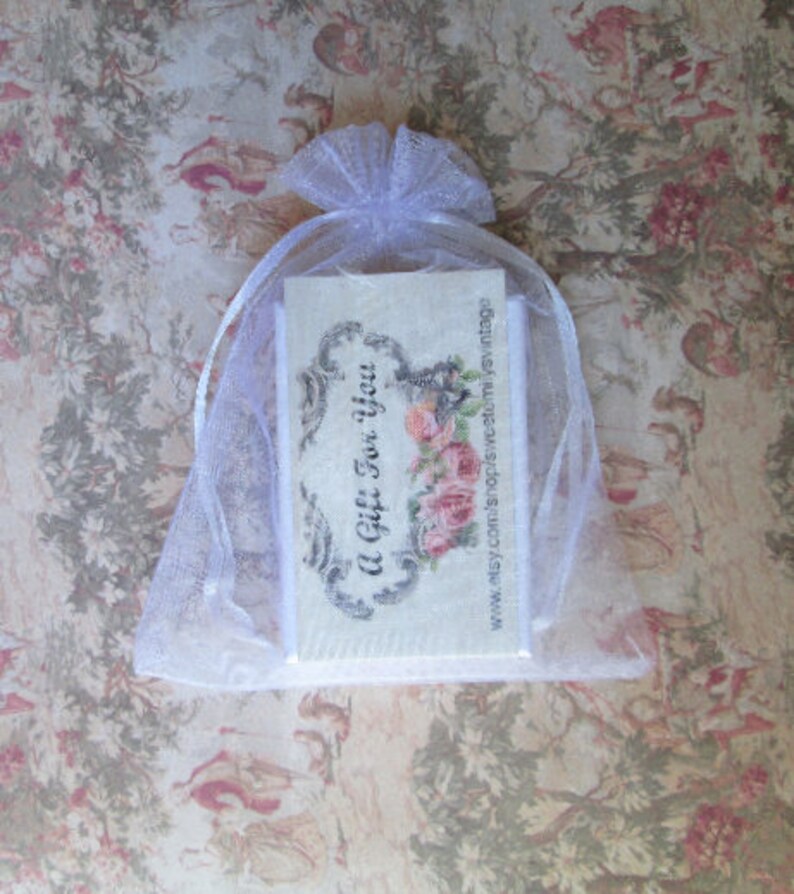 Pode incluir: Uma bolsa de organza branca com um pequeno cart&atilde;o branco dentro. O cart&atilde;o tem um design floral e o texto "A Gift For You". O endere&ccedil;o do site "www.missyshops.com/welcomesvintage" est&aacute; impresso na parte inferior do cart&atilde;o.