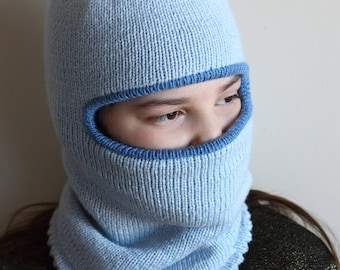 ready to ship, rts, extra warm merino knitted balaclava, child to adult size, double knit lined thick winter balaclava, blue balaclava