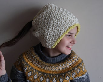 Luxurious Women's Beanie - Reversible Twist Opening Hat - Merino Wool - Lace Knit Hat - Off-White and Yellow - Teen to Adult Size - RTS