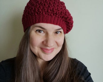 Handmade Merino Knit Slouchy Beret - Delicate Lace Pattern - Wine Red - Teen to Adult Size - Knit Beret - Knitted Womens Beret - RTS