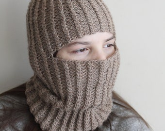 Cozy Unisex Alpaca Wool Balaclava - Handknit Cable Pattern - Light Brown - Knit Balaclava - Unisex Winter Hat - Teen to Adult Size