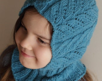 ready to ship, rts, child to teen size, blue balaclava, knitted warm and soft balaclava hood hat with collar, scarf, teal alpaca balaclava