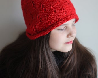 Handmade Bright Red Distressed Beanie - Unisex Hat for Fall and Spring - Artisan Knit Beanie Hat - Teen to Adult Size - Edgy Style - RTS