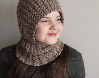 Cozy Unisex Alpaca Wool Balaclava - Handknit Cable Pattern - Light Brown - Knit Balaclava - Unisex Fall / Spring Hat - Teen to Adult Size