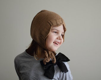 rts, ready to ship, child bonnet, childrens bonnet, wool blend bonnet, brown hat, knitted brown bonnet, 4-6 years size, autumn hat, fall hat