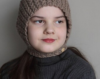 Handmade Light Brown Alpaca Bonnet - Women's Cable Lace Hat - Button Strap Closure - Artisan Knit - Teen to Adult Size - Knit Bonnet - RTS