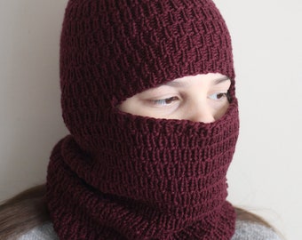 Cozy Unisex Balaclava - Handknit in Soft Merino Wool - Deep Red Wine Color - Stand Out in Winter - Teen to Adult Size - Winter Headwear