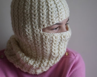 Cozy Women's Acrylic Balaclava - Handknit Cable Lace - Cream Color - Teen to Adult - Bestseller Balaclava for Women - Women's Winter Hat