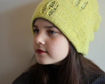 Handmade Merino Wool Reversible Beanie - Twist Opening Hat - Cold Weather Fashion - Knit Distressed Hat - Beanie Hat - Teen to Adult Size