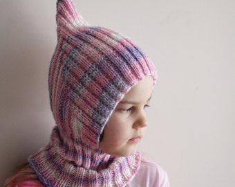 candy unicorn pixie balaclava, child to teen size, ready to ship, rts, pink lavender pastel hat, pixie hat, spring bonnet, autumn bonnet