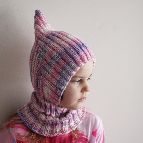 candy unicorn pixie balaclava, 12-24m size, ready to ship, rts, pink lavender pastel hat, pixie hat, spring balaclava, hat and scarf, hood