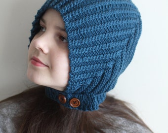 Handmade Dark Teal Blue Merino Bonnet - Women's Cable Knit Hat - Button Strap Closure - Artisan Knit - Teen to Adult Size Womens Bonnet RTS