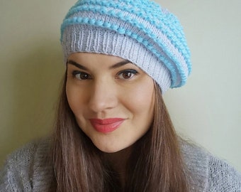 Handmade Silver Grey Bamboo Beret - Light Blue Beads - Teen to Adult Size - Artisan Elegance - Women's Knitted Beret - Fall and spring - RTS