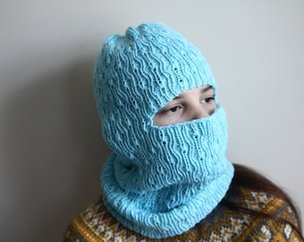 Handmade Light Blue Bamboo Balaclava - Women's Orchid and Butterfly Lace - Artisan Knit - Knit Balaclava - Fall and Spring Balaclava - RTS