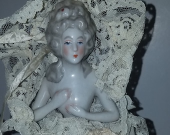 Antique Porcelain Half Doll Lamp Metal Form Base Boudior Doll Victorian Lady
