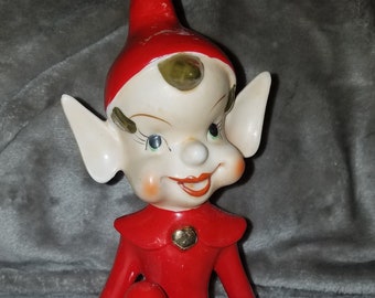 1950&#39;s Pixie Elf Figurine, Vintage Ceramic Porcelain Elf, Red Elf Suit, Gold Heart, Pointy Ears, Mid Century, Thames Elf Figurine