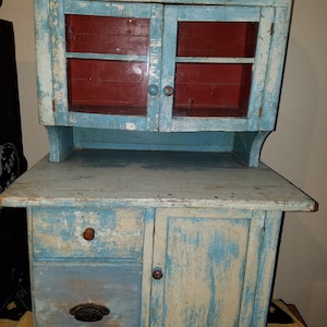 Antique Light Blue Wooden Child&#39;s Step Back Cupboard