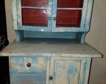 Antique Light Blue Wooden Child's Step Back Cupboard