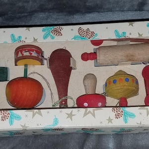 Vintage Box of Wooden Christmas Ornaments