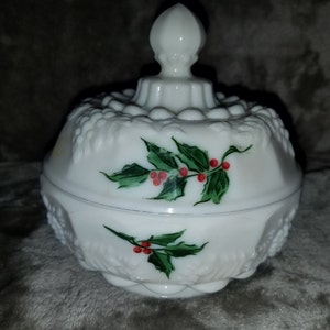 Vintage Milk Glass Christmas Covered Candy Dish