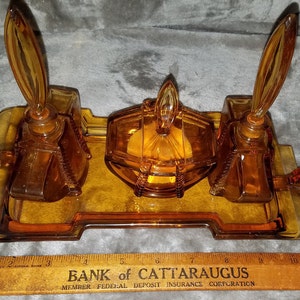 Vintage Glass Amber Vanity Set