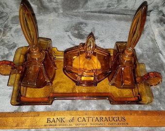 Vintage Glass Amber Vanity Set