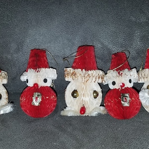 Vintage Honeycomb Santa & Snowman Christmas Ornaments