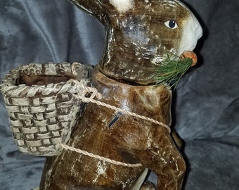 Antique Paper Mache Easter Bunny Candy Container W/Basket