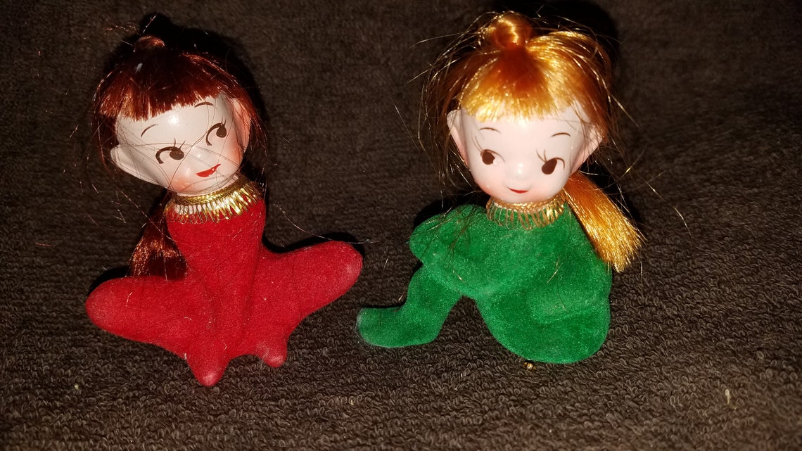 Vintage Set of 2 Flocked Girls Japan Etsy