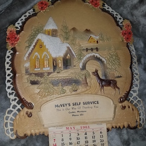 Vintage Die Cut Christmas 1961 Calendar Advertising Card Holder