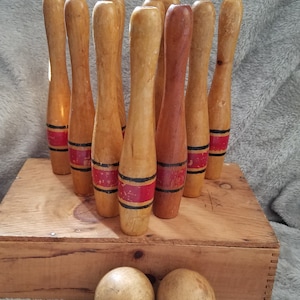 Antique Wooden Bowling Pins & Balls