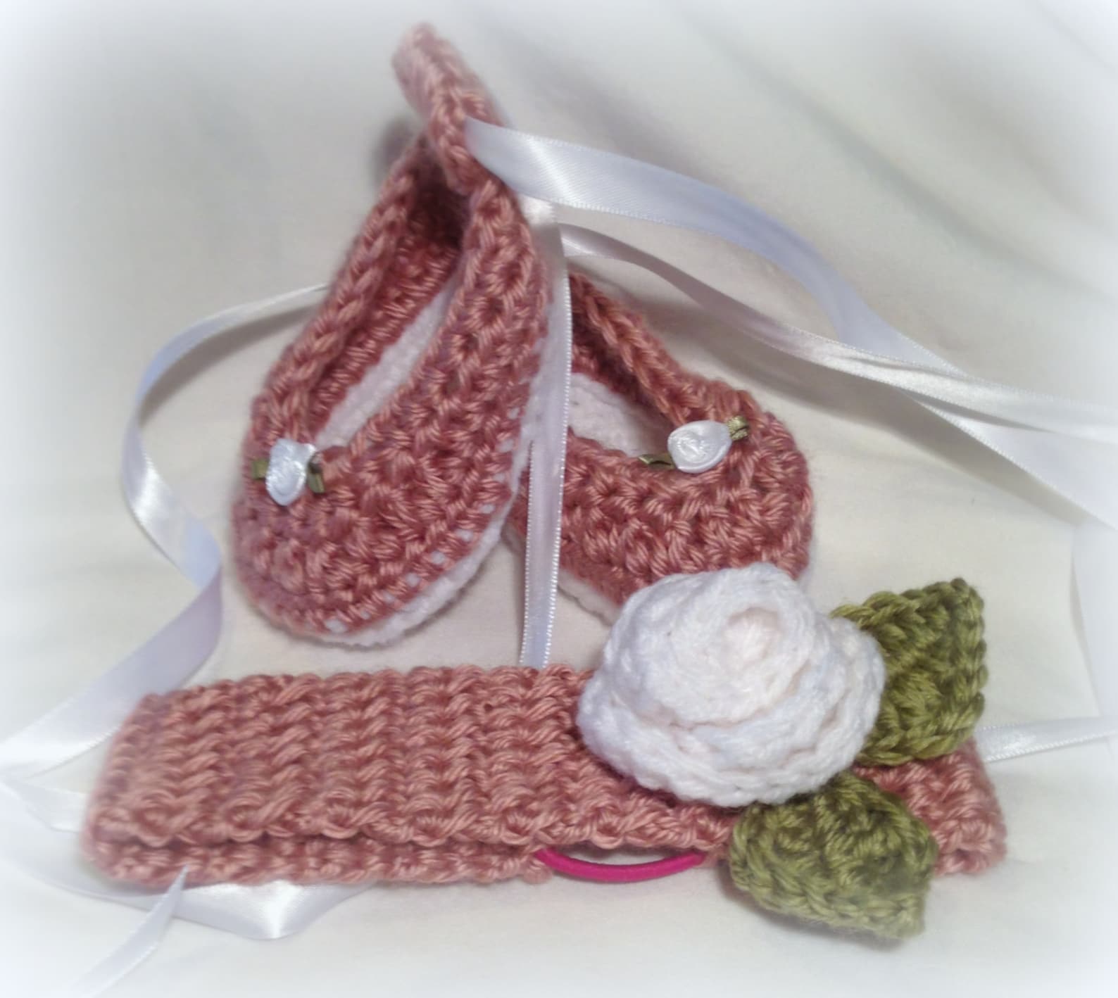 crochet baby girl 0-3mo ribbon tie up ballet shoes slippers & headband set- custom made to order-