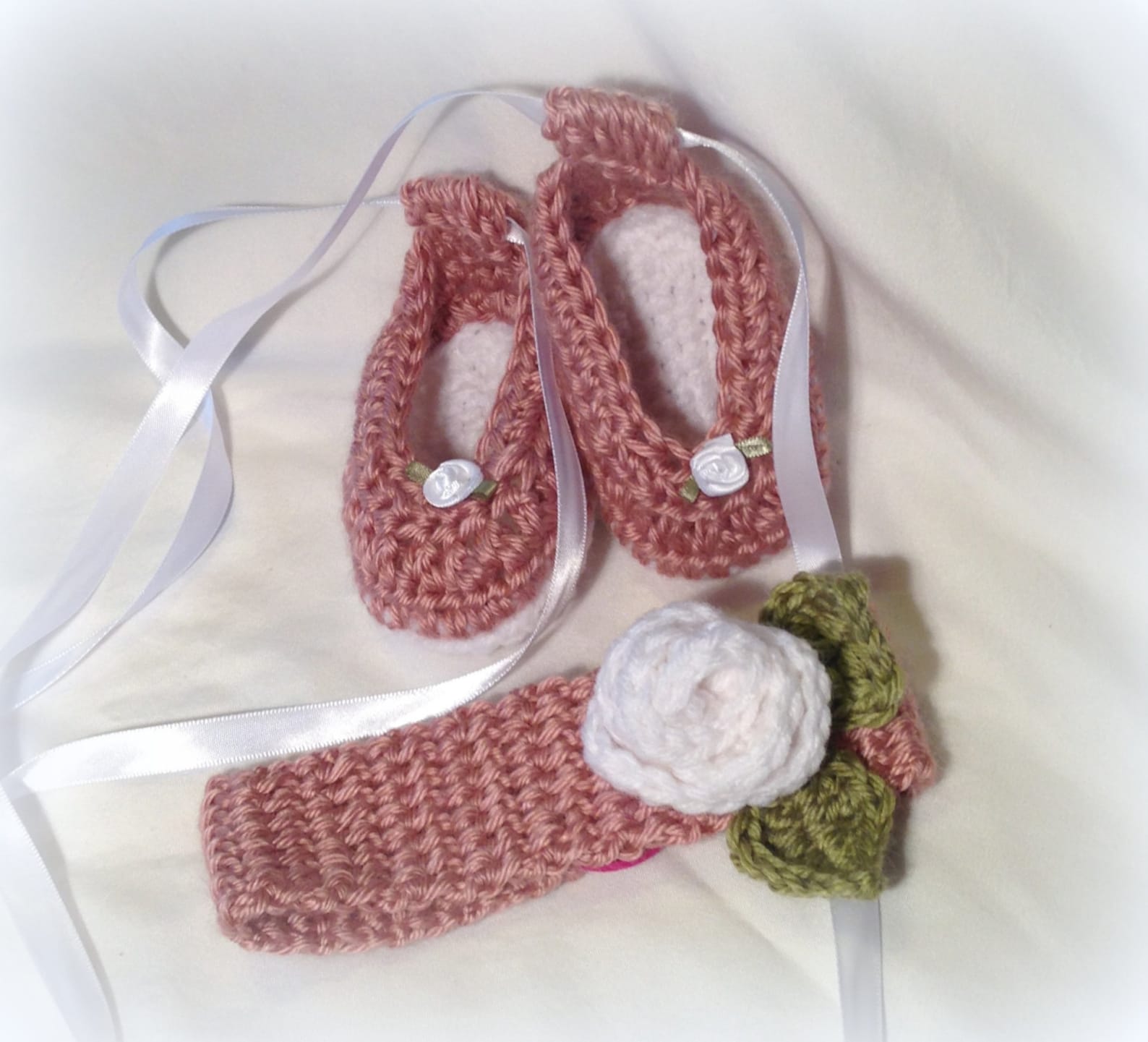 crochet baby girl 0-3mo ribbon tie up ballet shoes slippers & headband set- custom made to order-