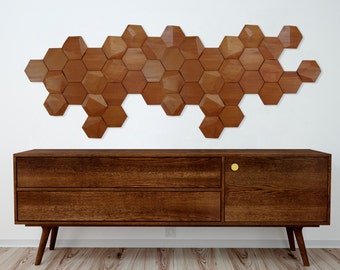 Large wood wall art of hexagonal tiles