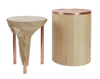 Diseño de mesa y taburete en madera y cobre