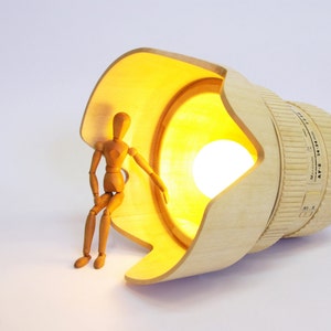 Wood lamp shade for photographers, camera lens shape image 3