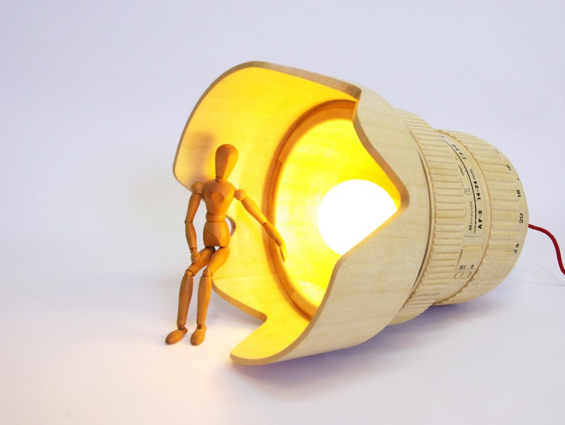 Wood lamp shade for photographers, camera lens shape image 3