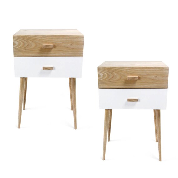 Wood Bedside Table With Drawers Set Of 2 Etsy